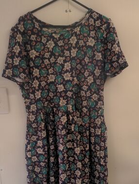 LuLaRoe Navy Floral Zippered Fit-and-Flare Dress with Teal & Coral Accents 3XL